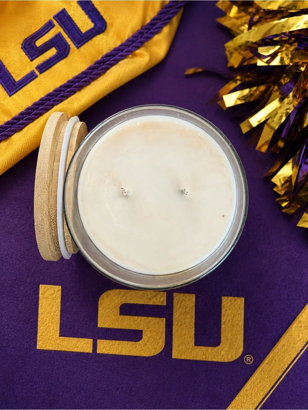 Purple & Gold Mahogany Teakwood Scented Glass Candle with Bamboo Lid